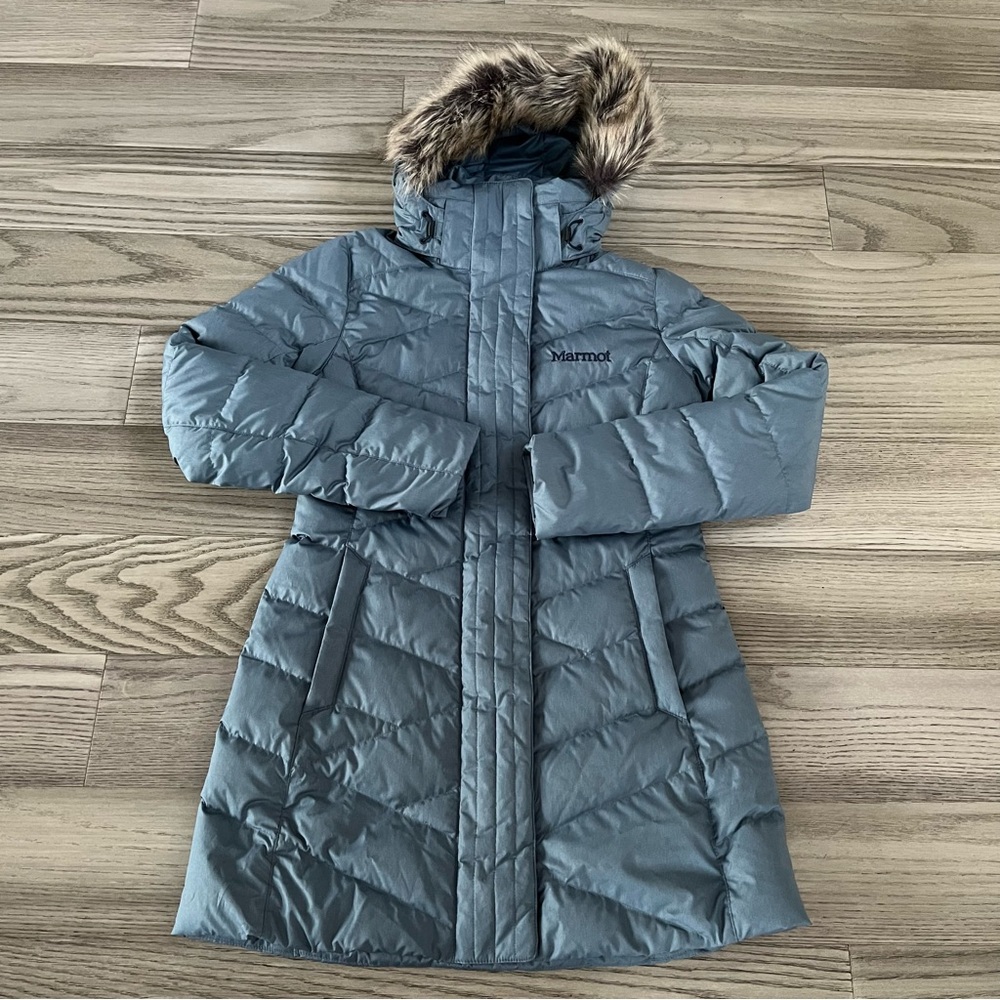 NWT Marmot Women’s Long Blue Down Removable Hood Varma Jacket Size Small